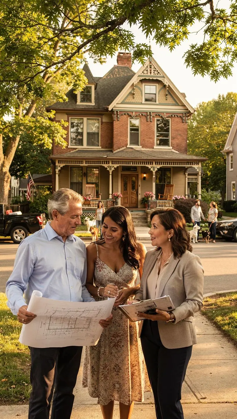 Исторический дом с характерной архитектурой, окруженный зелеными насаждениями.